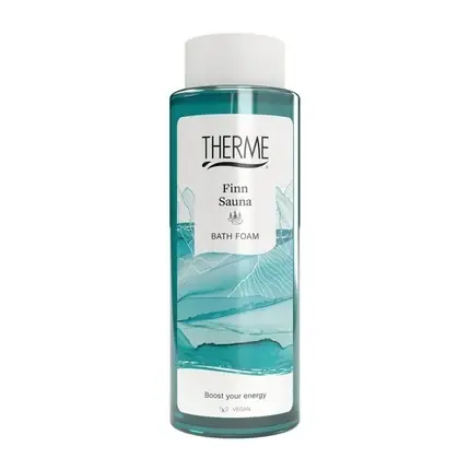 Spumă de baie Therme Finn Sauna - lichid turcoaz în sticlă transparentă cu capac alb Reducere