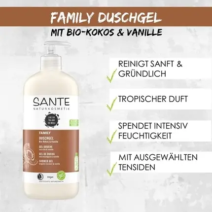 Gel de duș Sante Naturkosmetik Bio Coconut & Vanilla Family Size cu pompă dozatoare, 950ml Preț mic