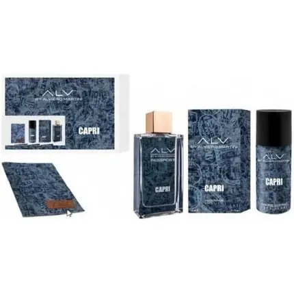 Ofertă de sezon Set Cadou Parfum, Alviero Martini Capri For Home, 100ml Spray + Deodorant 150ml + Portofel Pașaport, Design Texturat Albastru