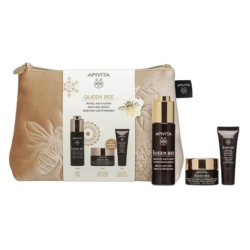 Reducere specială Apivita Promo Pack Queen Bee Total Anti-Aging & Contour Lifting Serum 30ml cu FREE Light Texture Cream 15ml & Eye Cream 5ml