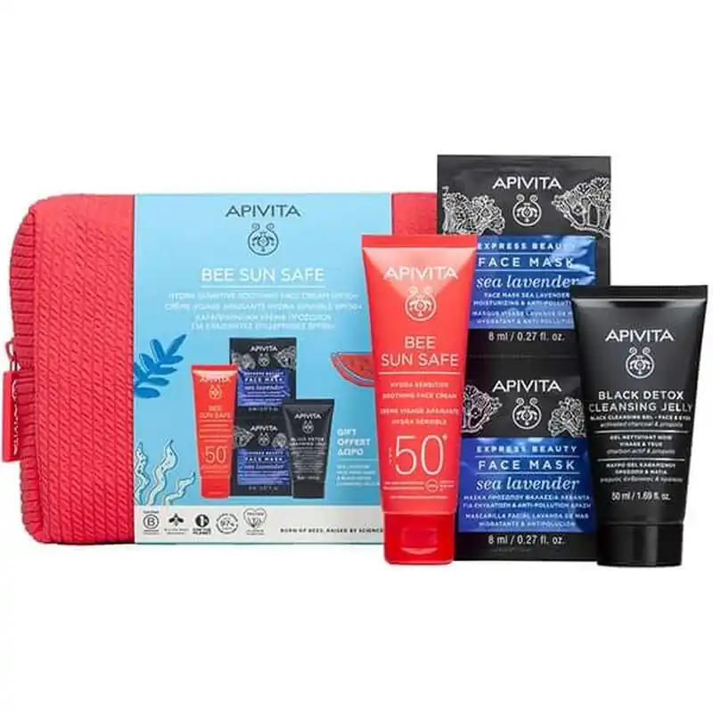 Ofertă exclusivă Apivita Promo Bee Sun Safe Soothing Face Cream SPF50+, 50ml & Gift Black Detox Cleansing Gel, 50ml & Express Beauty Marine Lavender Face Mask, 2x8ml 1 set