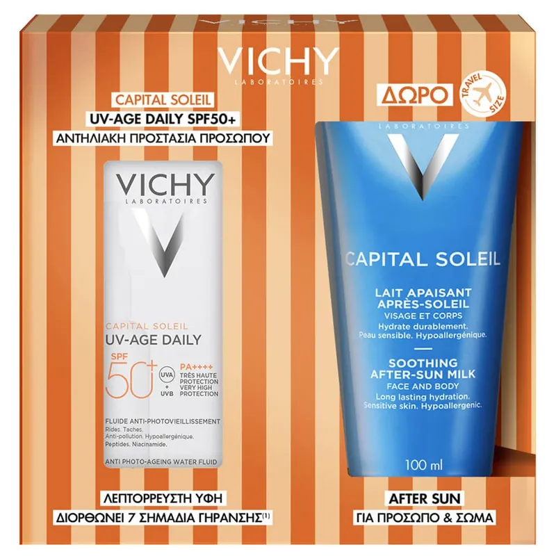Lichidare de stoc Pachet promoțional Vichy Capital Soleil UV-Age Daily Fluid SPF50+ 40ml & gratuit Capital Soleil After Sun Soothing Milk 100ml