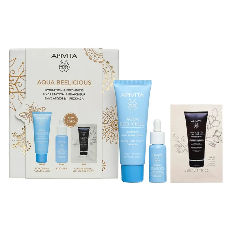 Apivita Promo Pack Aqua Beelicious Rich Texture Cremă hidratantă 40ml cu Booster GRATUIT 10ml și Gel de curățare 5ml Ofertă de sezon