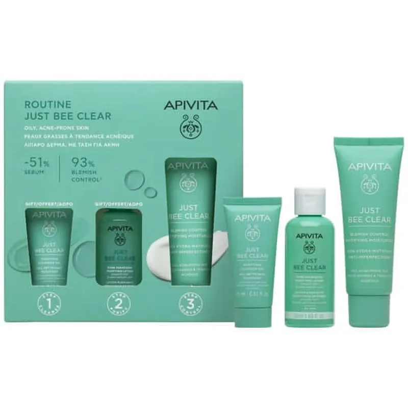 Apivita Promo Routine Just Bee Clear Cream împotriva imperfecțiunilor, 40ml & GIFT Just Bee Clear Loțiune de strângere a porilor, 50ml & Gel de curățare facială, 15ml 1set Preț redus