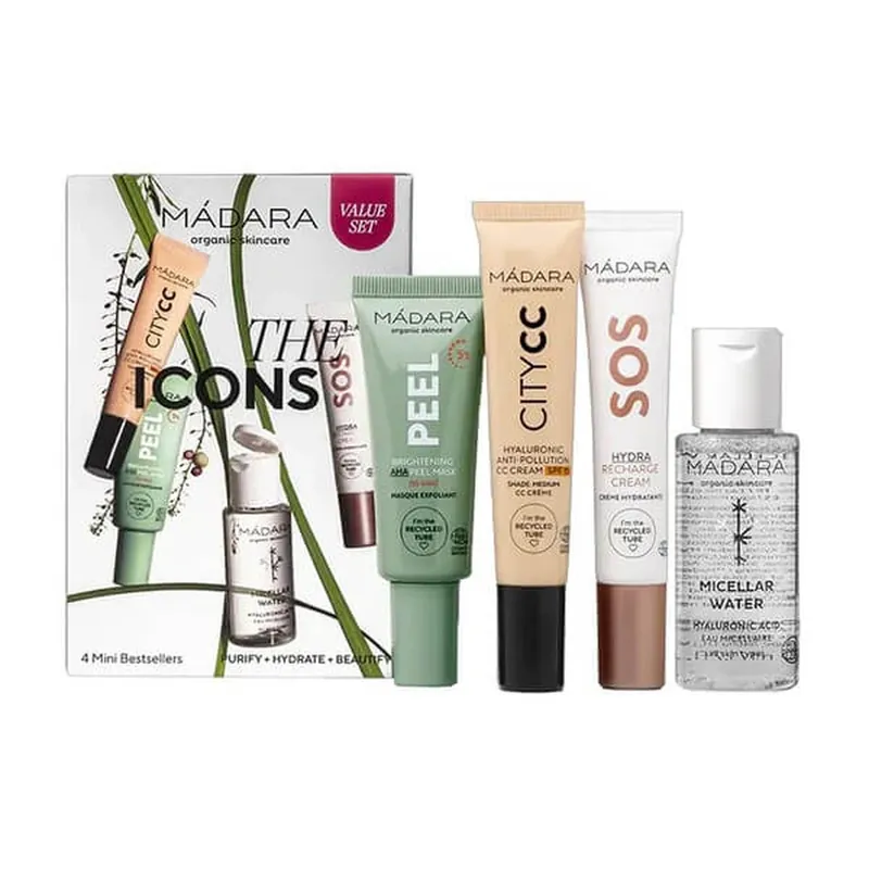 Preț promoțional Madara The Icons Set Light, apă micelară, 50 ml + mască iluminatoare cu acizi AHA, 17 ml + cremă de față, 15 ml + CC cream SPF15, 15 ml