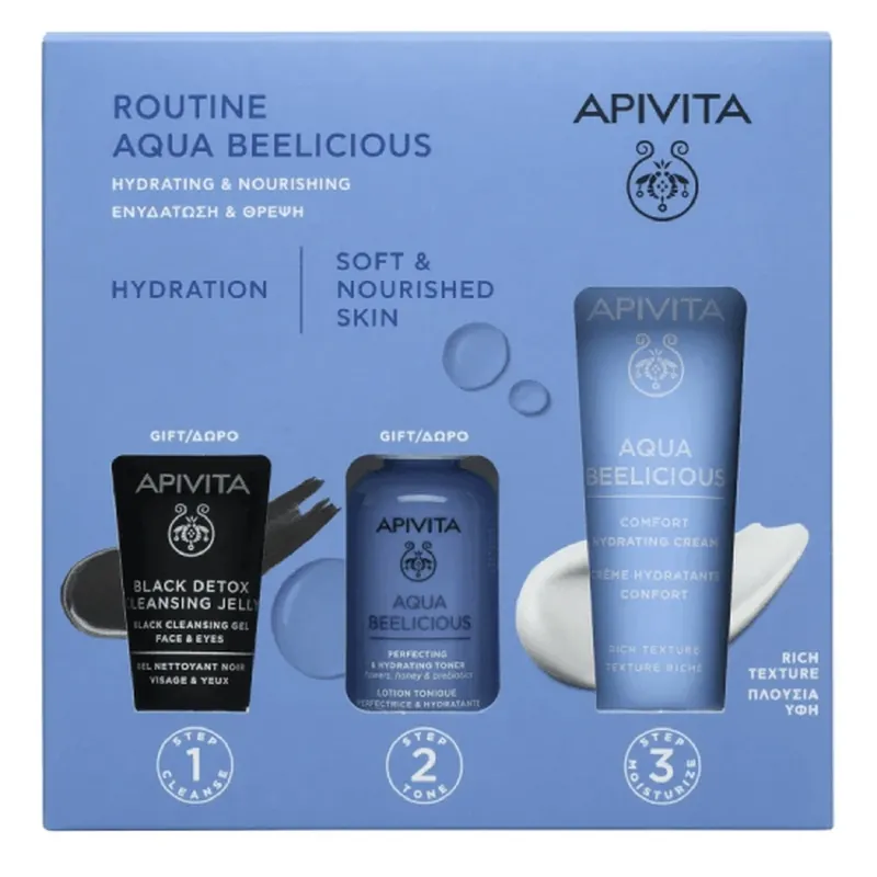 APIVITA Set Aqua Beelicious cu Aqua Beelicious Hydrating Gel-Cream Cremă hidratantă bogată 40ml + cadou Aqua Beelicious Hydrating Toner 50ml + Black Dettox Cleansing Gel 15ml Plată securizată