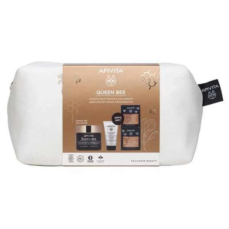 APIVITA Queen Bee Set cu Queen Bee Anti-Aging Rich Texture Face Cream 50ml + Lapte de curățare GRATUIT Lapte de curățare 3 în 1 pentru față și ochi 50ml + Mască de față Royal Jelly Face Mask 2x8ml Ofertă limitată