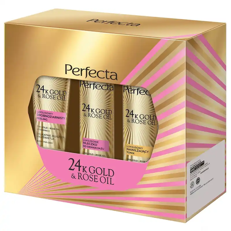 Set Perfecta 24K Gold & Rose Oil, scrub, 75 ml + demachiant, 200 ml + toner, 200 ml Premium