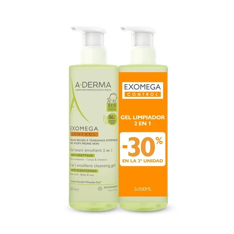 A-Derma Exomega Control Gel de curățare emolient 2-1 Anti-Iritare 2 X 500 Ml Lichidare de stoc