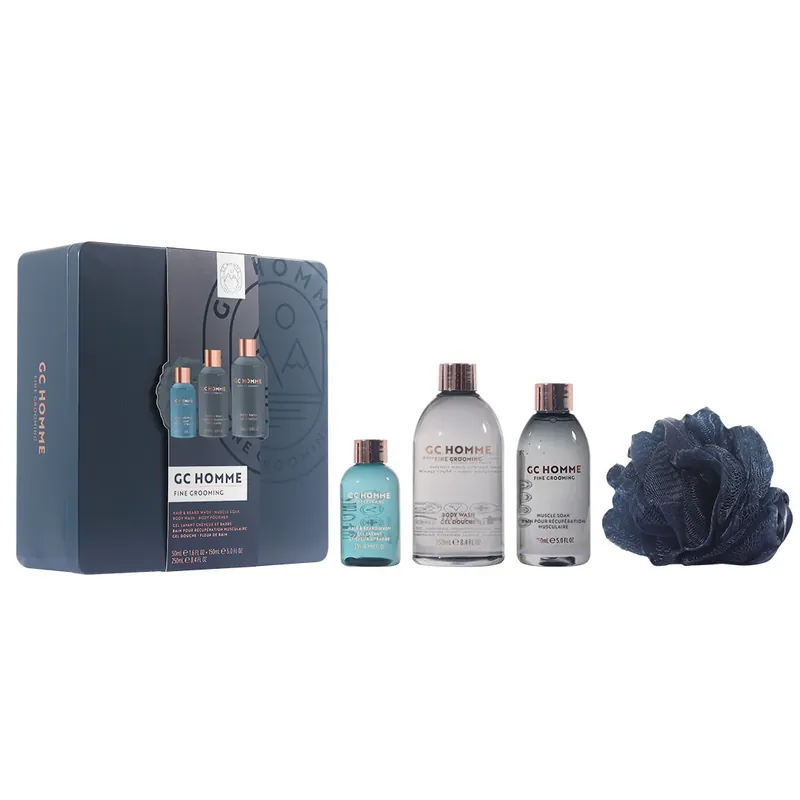 Set Cadou Freshen Up, GC Homme Fine Grooming, Sampon pentru Par si Barba, Spuma de Baie pentru Relaxarea Muschilor, Gel de Dus, Burete Exfoliant Corp, Cutie Metalica Reutilizabila cu Print, The Luxury Bathing Company, 4 articole Plată sigură