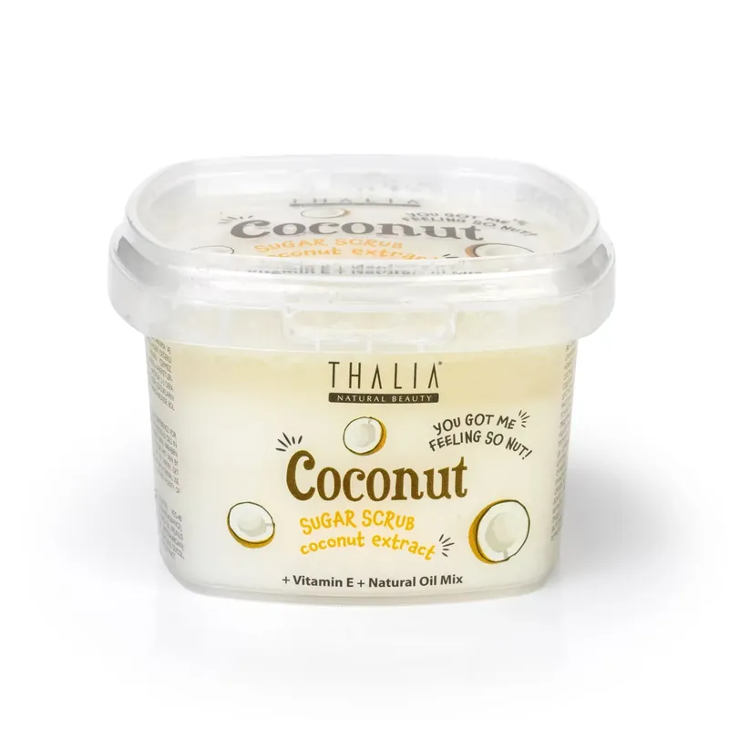 Scrub pentru corp pe baza de zahar, cu extract de cocos + vitamina E & mix de uleiuri naturale, You Got Me Feeling Nut, Thalia, 300 g Retur ușor